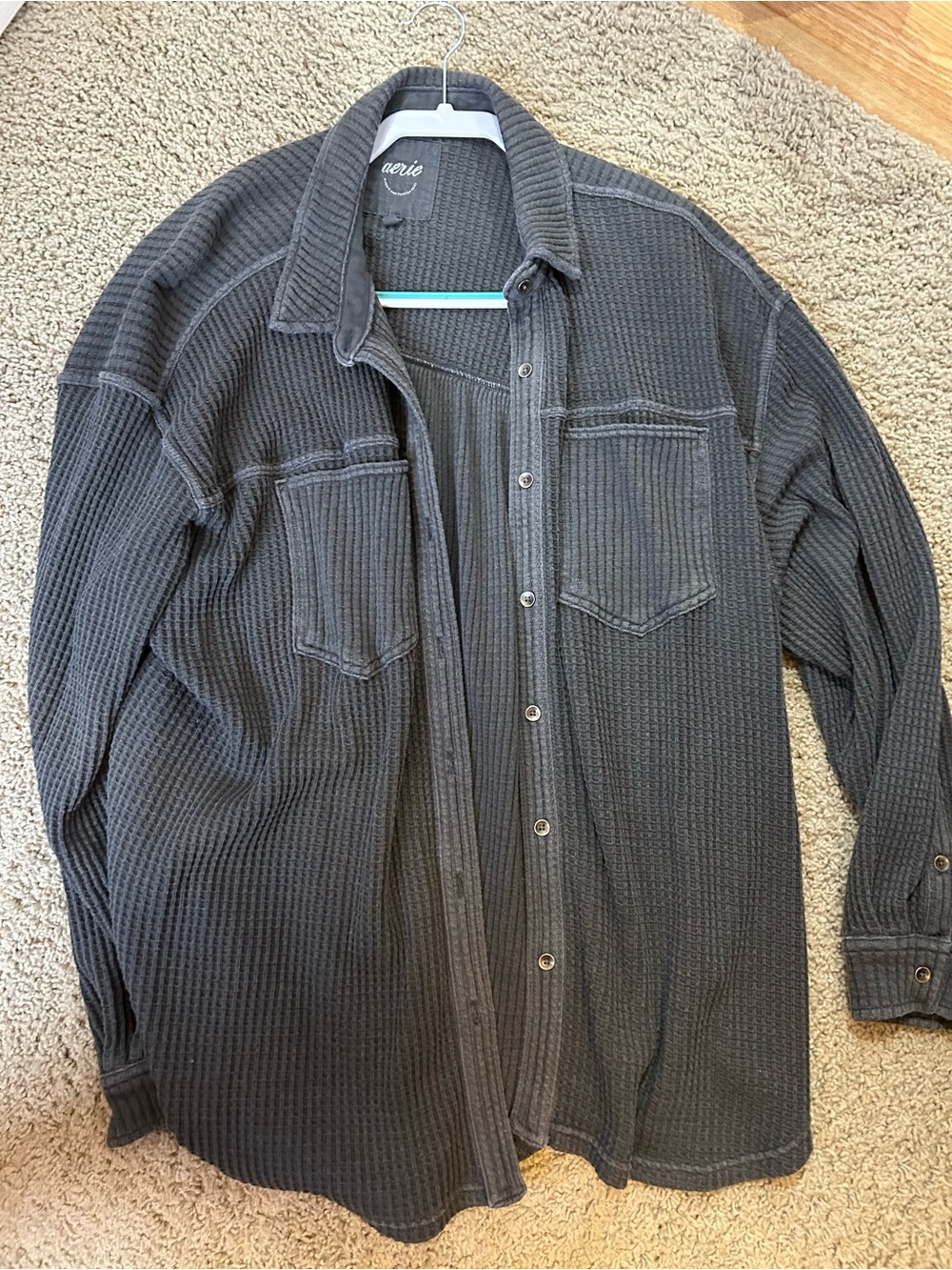 aerie Charcoal Waffle-Knit Button Down Shirt